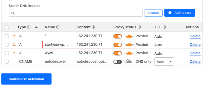 Cloudflare DNS records table showing Add record and Proxy status