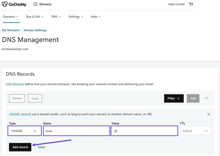 GoDaddy DNS Management page showing CNAME add record form