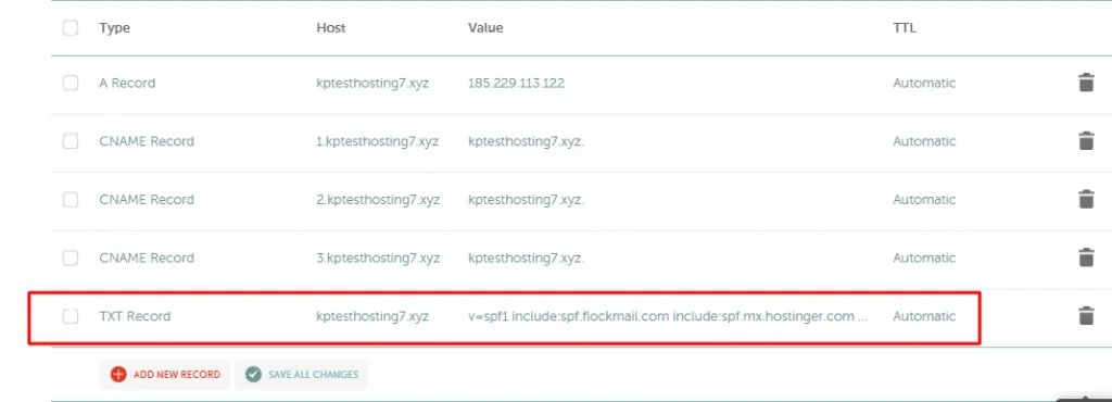 Hostinger DNS zone table with TXT record example