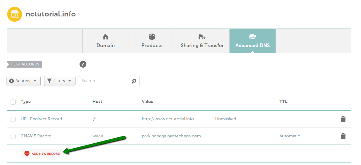 Namecheap Advanced DNS host records page with Add New Record action